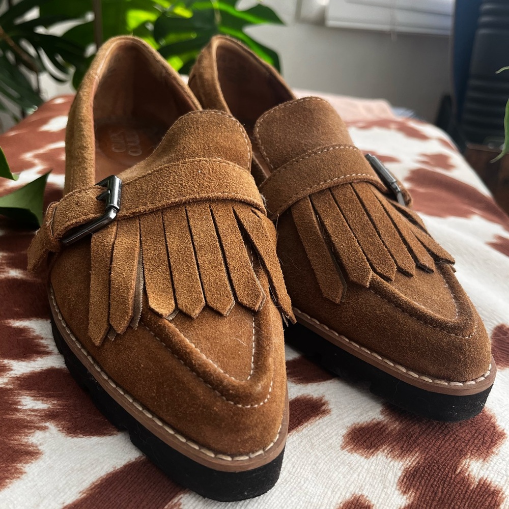 FRANCO SARTO Brown Suede Loafers with Fringe Detail
